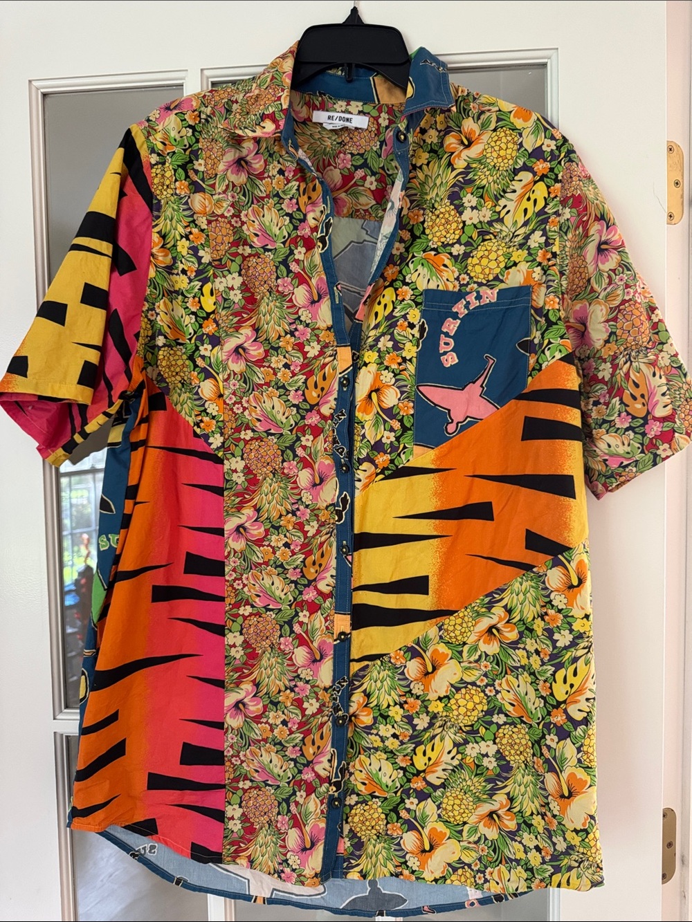 RE/DONE Colorful Patchwork Floral & Pineapple Shirt Dress